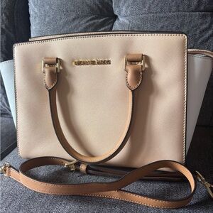 MICHAEL Michael Kors Beige and White Saffiano Satchel with Gold Logo